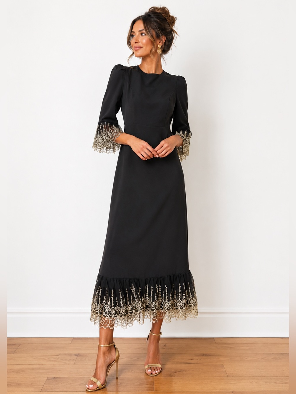 Pomander Place Lillith Black Maxi Dress Large NWT Gold Lace Gala Tuckernuck NWT